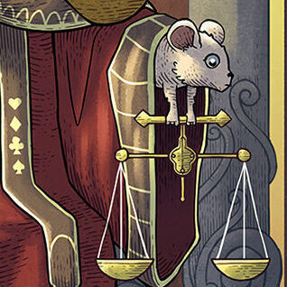 La souris tient la balance de la justice dans la carte de tarot XI.