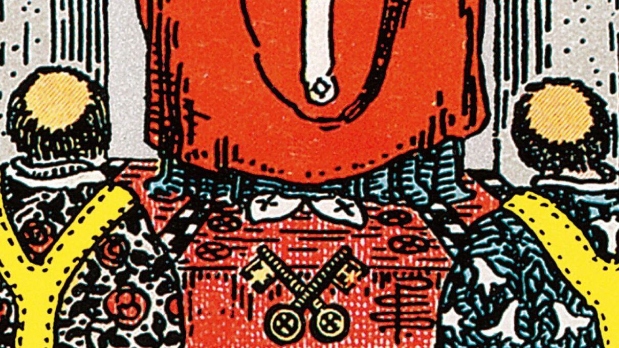 Détail de la carte de tarot divinatoire Rider-Waite-Smith du Hierophant, avec les clés.