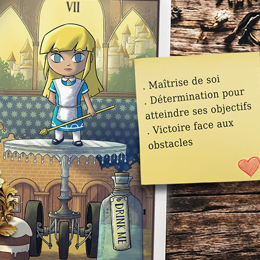 Alice, du Pays des Merveilles, debout sur une table en verre. Au pied de la table, une bouteille avec une étiquette "Bois-moi".