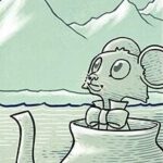 Le chapelier fou, le Lièvre de Mars et le Loir regardent vers le ciel.